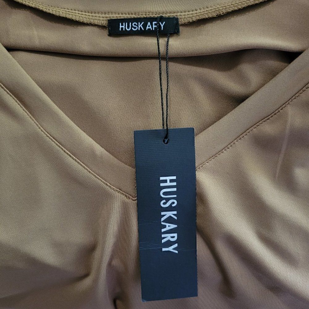 NWT HUSKARY TAN SLIT SIDE MAXI SHIRT DRESS V NECK S/M - Picture 16 of 16